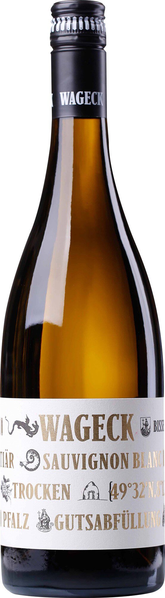 Eine elegante Weinflasche mit einem goldenen, bernsteinfarbenen Inhalt. Das Etikett zeigt den Namen des Weins und zusätzliche Informationen. Der Hintergrund ist neutral, wodurch die Flasche im Fokus steht.