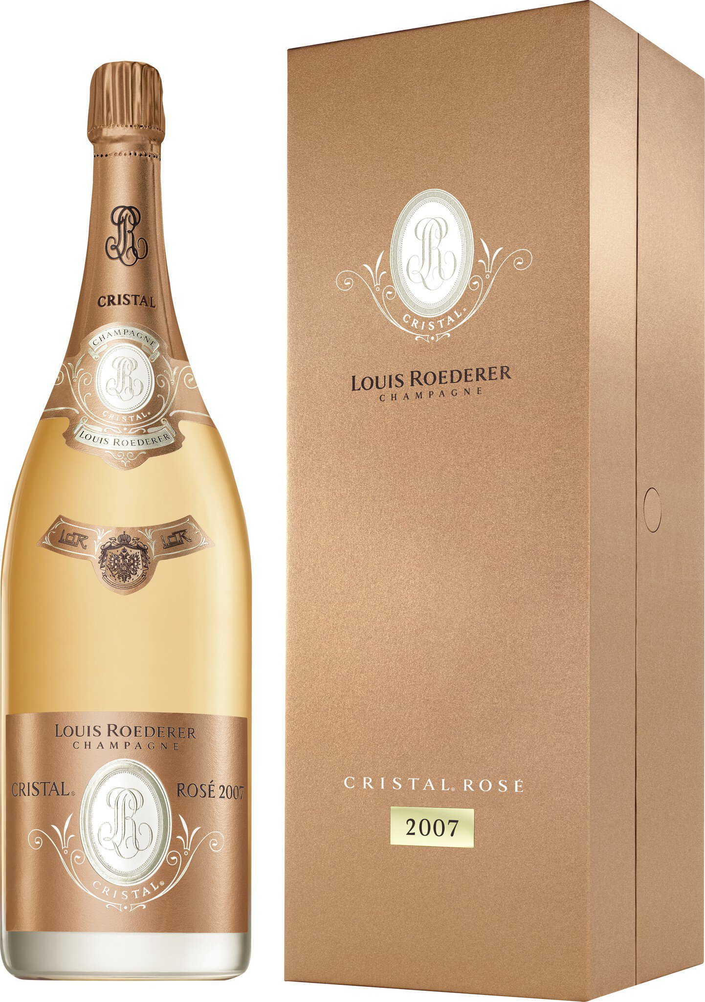 Ein eleganter Sekt in einer großen, goldfarbenen Flasche steht neben einer ebenso goldfarbenen Verpackung. Die Flasche hat ein Etikett mit durchgehendem Design und wirkt festlich.