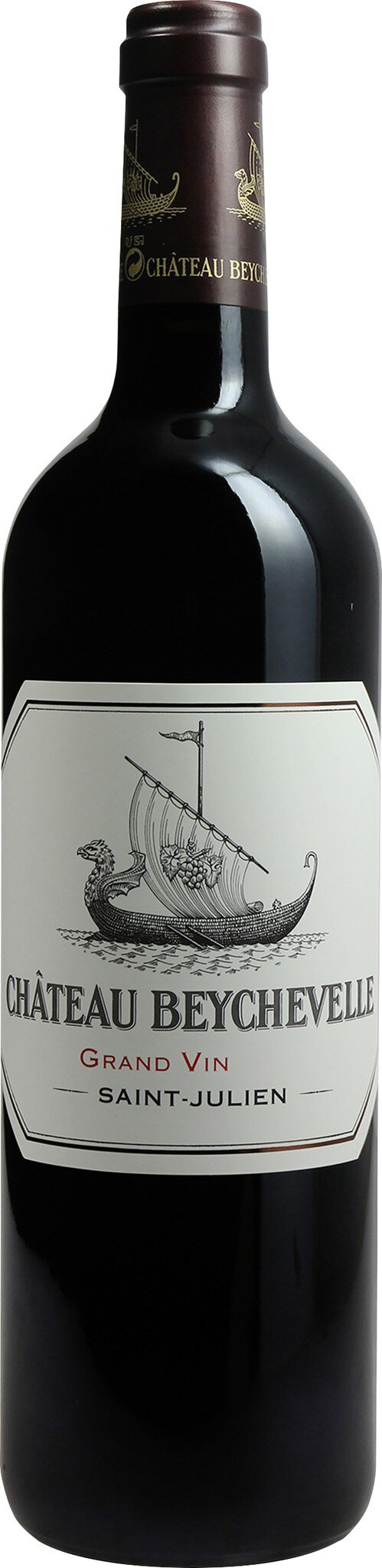 Eine Flasche Rotwein steht aufrecht. Das Etikett zeigt ein Schiff und Schriftzüge. Der Flaschenhals hat eine braune Kappe. Der Hintergrund ist unklar und hebt die Flasche hervor.