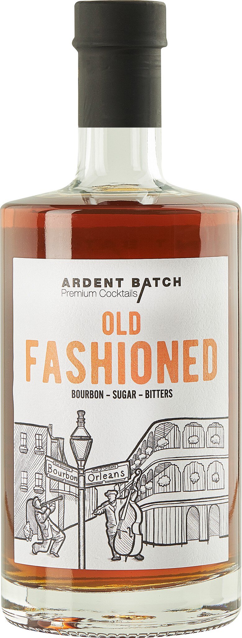 Eine Flasche Bourbon mit einem Etikett, das eine detaillierte Illustration eines Pferdes zeigt. Der Text auf dem Etikett hebt den Namen -Old Fashioned- hervor. Die Flasche hat einen schwarzen Verschluss und einen amberfarbenen Inhalt.