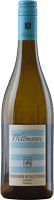 Eine Flasche Weißwein steht aufrecht. Der Flaschenhals ist mit einer hellblauen Kappe verschlossen. Das Etikett zeigt eine leicht strukturierte, mehrfarbige Gestaltung mit Text.