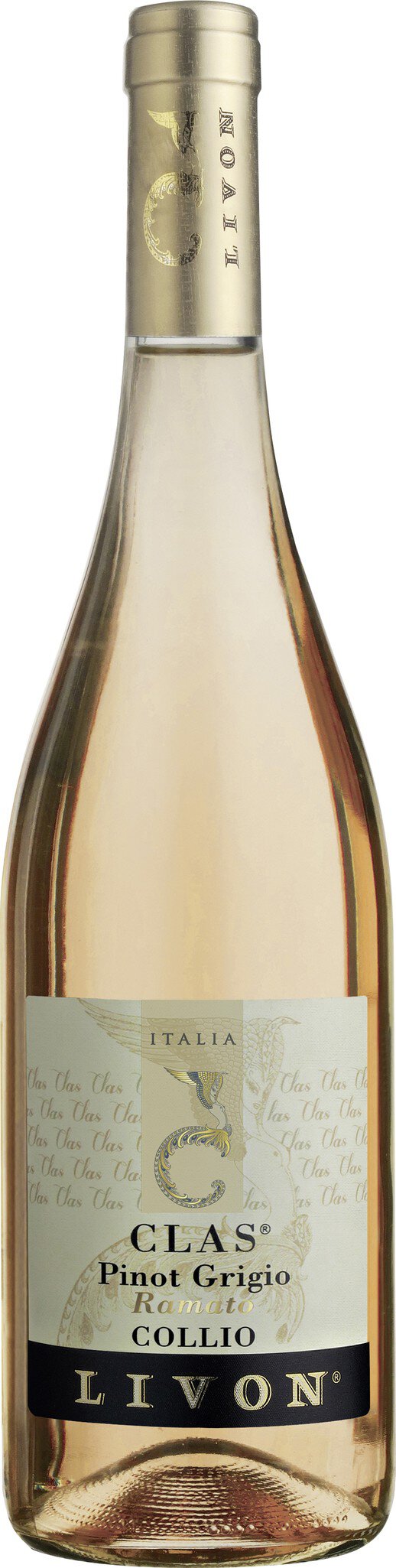 Eine Flasche Roséwein steht aufrecht. Der Wein hat eine blassrosa Farbe, das Etikett zeigt den Namen des Weins in eleganter Schrift. Der Korken ist ebenfalls sichtbar.
