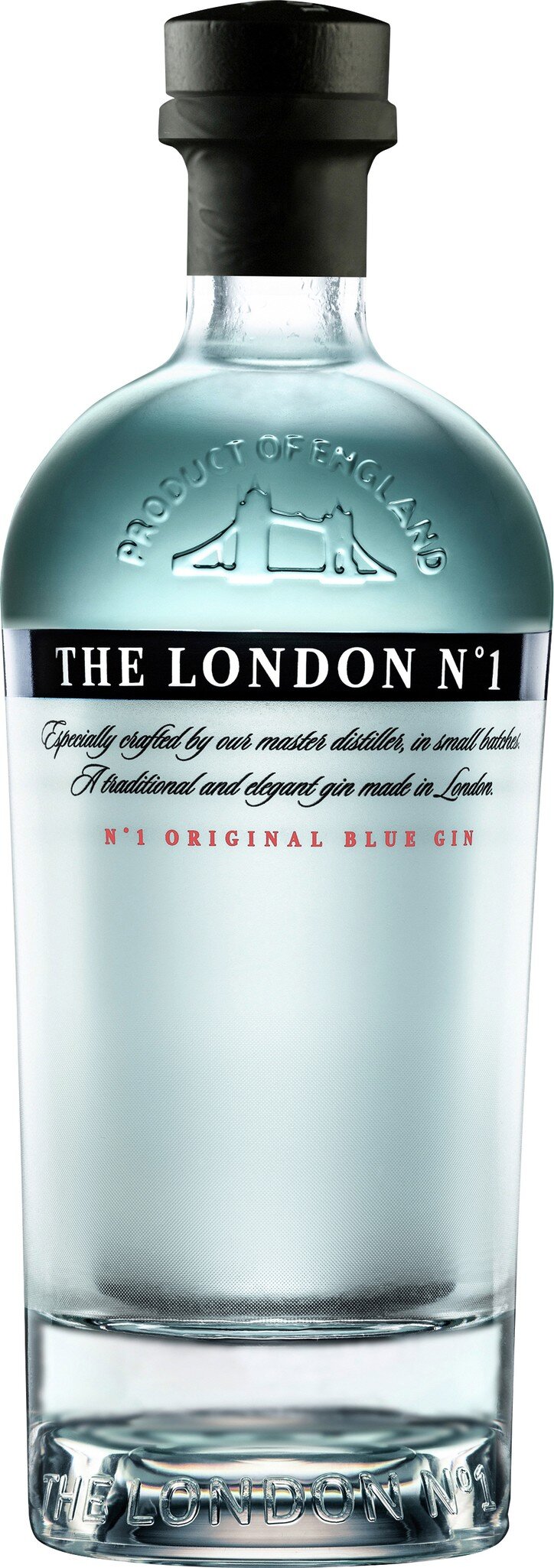 Ein klarer Gin-Flasche steht auf einem weißen Hintergrund. Die Flasche hat einen modernen, minimalistischen Stil mit einem schwarzen Deckel und etikettierter Schrift, die den Namen des Gins zeigt.