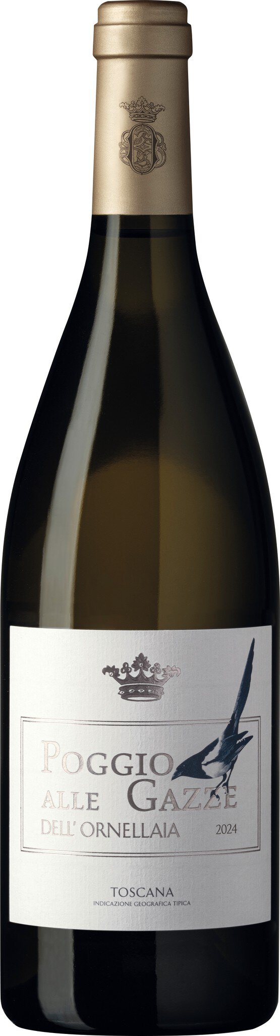 Eine Flasche Weißwein steht aufrecht. Der Körper der Flasche ist hell und schlank, mit einem Etikett, das den Namen und Details des Weins angibt. Der Verschluss ist aus Kork.