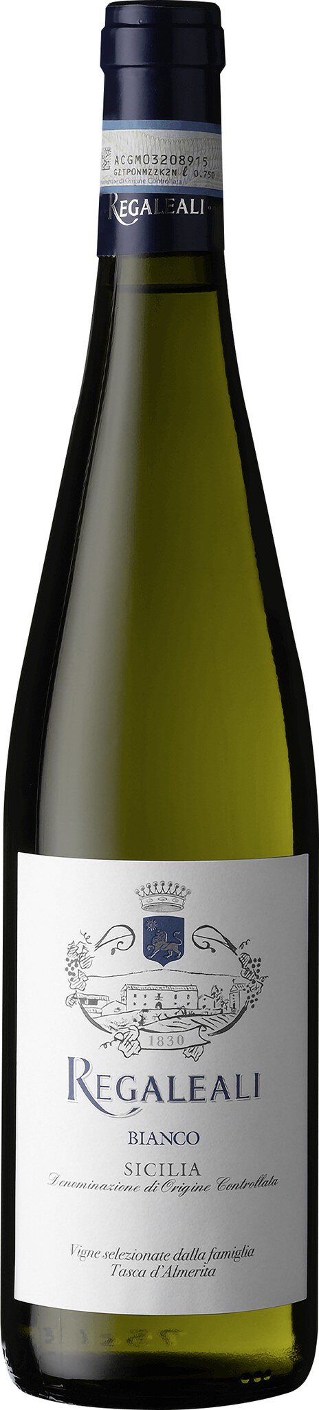 Eine schlanke Flasche Weißwein steht auf einem neutralen Hintergrund. Die Flasche hat einen schwarzen Korken und ein etikettiertes Label mit Informationen über den Wein.