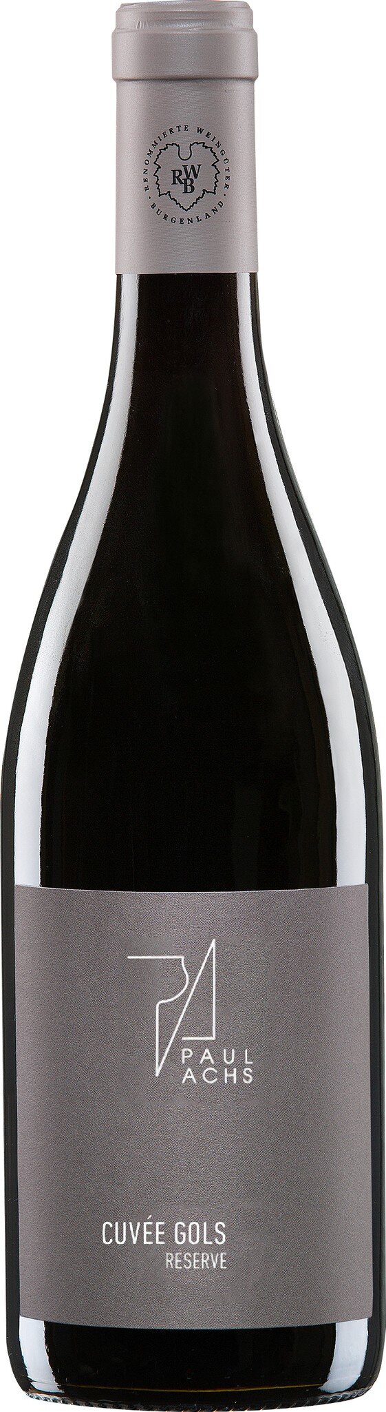 Eine elegante Flasche Rotwein mit einem schlichten, modernen Etikett in Grautönen steht aufrecht vor einem neutralen Hintergrund.