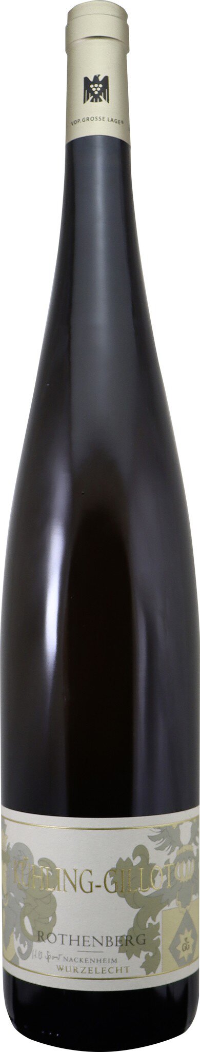 Eine Flasche Wein steht aufrecht, mit einem langen, schlanken Hals und einem hellen Verschluss. Das Etikett zeigt ein einfaches Design, auf einem neutralen Hintergrund.