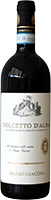Eine Weinflasche mit schwarzem Glas und einem Etikett. Das Etikett zeigt den Namen -Dolcetto d’Alba- sowie -Bruno Giacosa-. Es sind auch Informationen zur Herkunft und Qualitätskontrolle aufgedruckt.