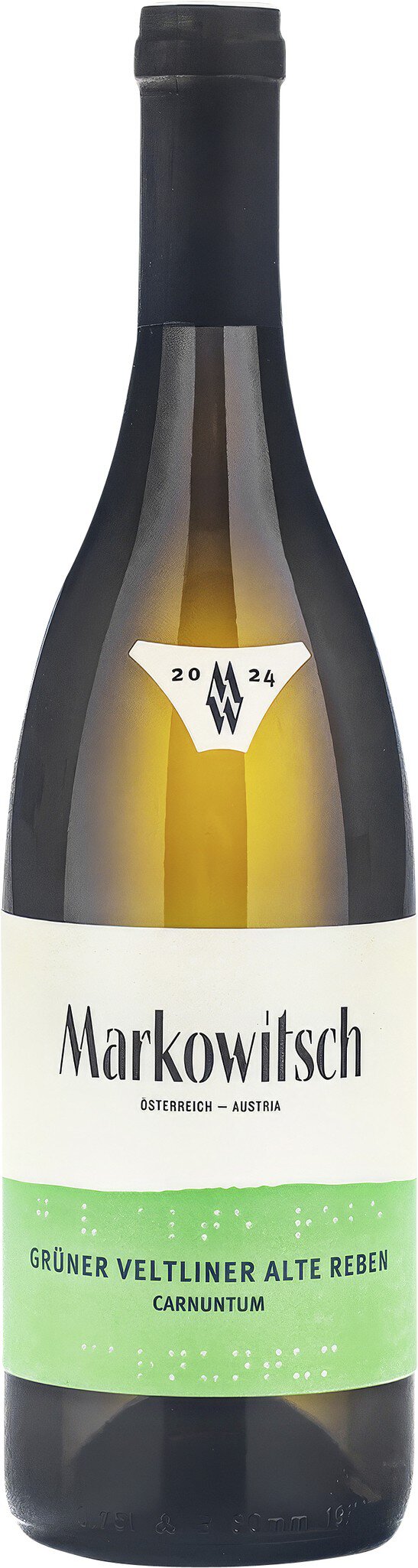 Eine Weinflasche steht aufrecht. Der Flaschenhals ist dunkel, während der Körper ein etikett mit grünem und schwarzem Design hat. Das Etikett zeigt den Namen des Weins in klarer Schrift.