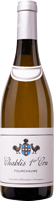 Eine Flasche Weißwein steht aufrecht mit einem schlichten, eleganten Etikett. Der Wein hat eine klare, goldene Farbe und befindet sich in einem Standard-Glasbehälter.