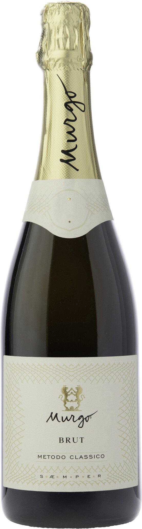 Eine Flasche Sekt mit goldfarbener Kapsel und einem eleganten Etikett steht aufrecht. Der Kontext besteht aus einem schlichten Hintergrund, der die Flasche hervorhebt.