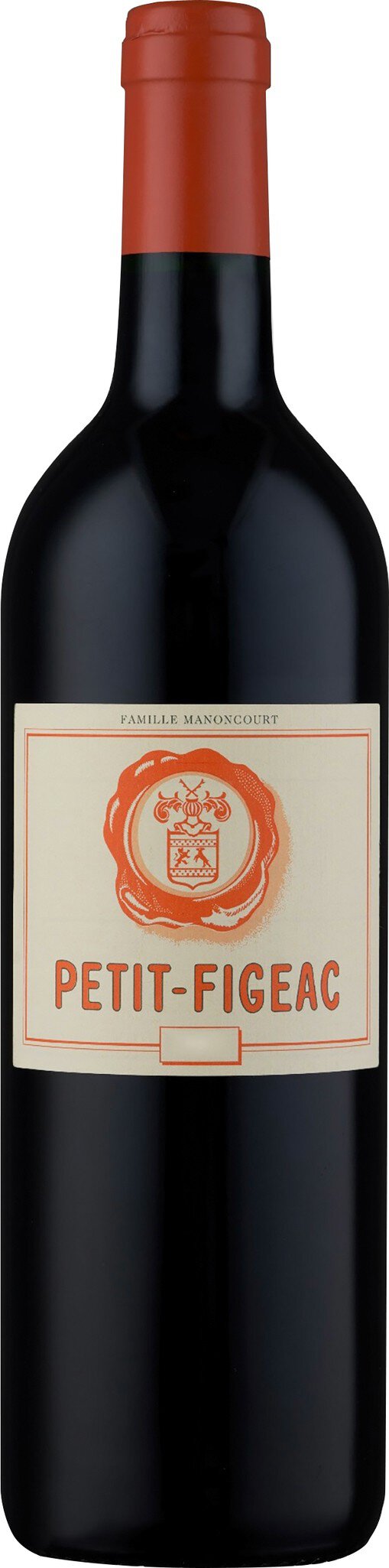 Eine Flasche Rotwein mit einem orangefarbenen Etikett, das einen runden Logo-ähnlichen Aufdruck zeigt. Der Flaschenhals hat einen rotbraunen Korken.