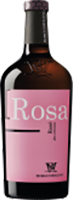 Eine Flasche Roséwein ist im Bild zu sehen. Die Flasche hat einen eleganten, schmalen Hals und ein etikettiertes, rosa-farbenes Design, das den Namen -Rosa- zeigt.