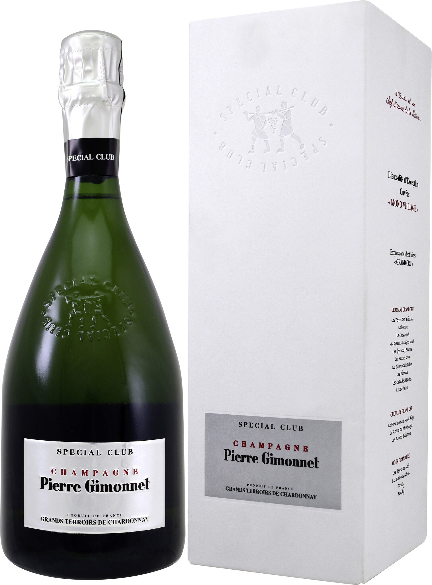 Eine grüne Flasche Sekt mit einem weißen Etikett steht neben einer weißen Verpackung. Die Flasche hat einen metallischen Verschluss und zeigt den Namen -Pierre Gimonnet-.