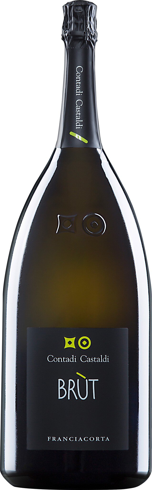 Eine elegante Magnumflasche Champagner mit dunklem Etikett und goldenen Akzenten steht vor neutralem Hintergrund. Der Fokus liegt auf der Flasche, die luxuriöse Qualität suggeriert.
