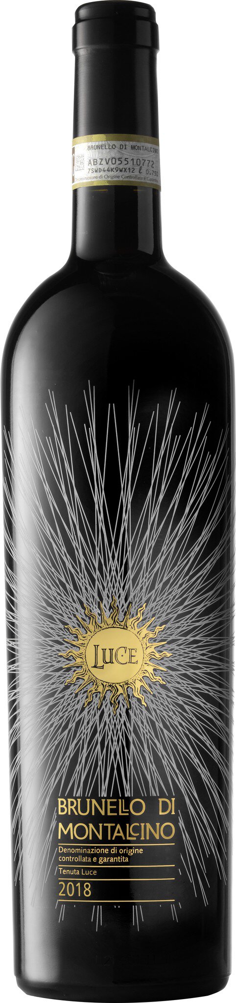 Eine dunkle Weinflasche steht auf einem neutralen Hintergrund. Sie hat ein elegantes, schwarzes Etikett mit goldenen Akzenten und strahlenden Mustern. Die Flasche scheint hochwertig und ansprechend gestaltet zu sein.