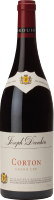 Eine Weinflasche mit einem roten Korken und einer weißen Etikette, die den Namen -Corton- trägt. Der Hintergrund ist neutral und unauffällig, wodurch die Flasche in den Mittelpunkt rückt.