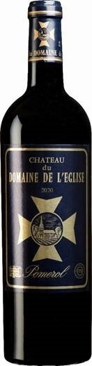 Eine Weinflasche mit einem schwarzen und goldenen Etikett. Der Name -Chateau du Domaine de l-Eglise- und das Jahr -2020- sind deutlich sichtbar. Die Flasche zeigt eine elegante Form und steht auf einem neutralen Hintergrund.