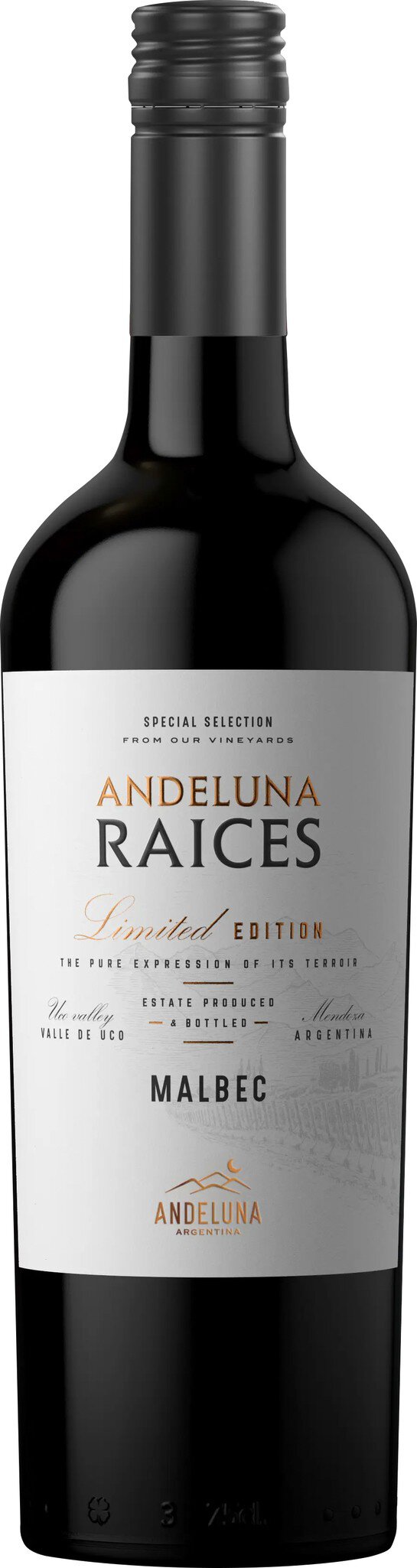 Eine Flasche Rotwein mit einem eleganten schwarzen Label. Darauf steht -Raios- in stilvoller Schrift, darunter eine Beschreibung des Weins. Der Verschluss ist ein Korken.