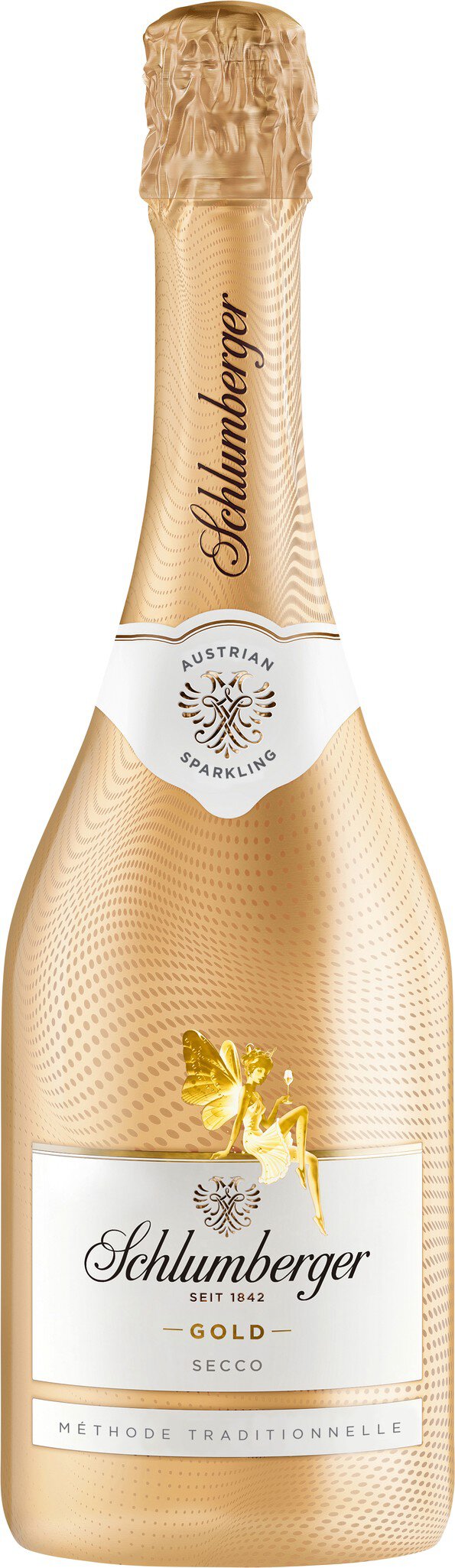 Eine Flasche Schaumwein mit goldenem Etikett, darauf der Schriftzug -Schlumberger- und eine Abbildung einer Fee. Die Flasche hat eine elegante, geschwungene Form und eine goldene Kapsel.