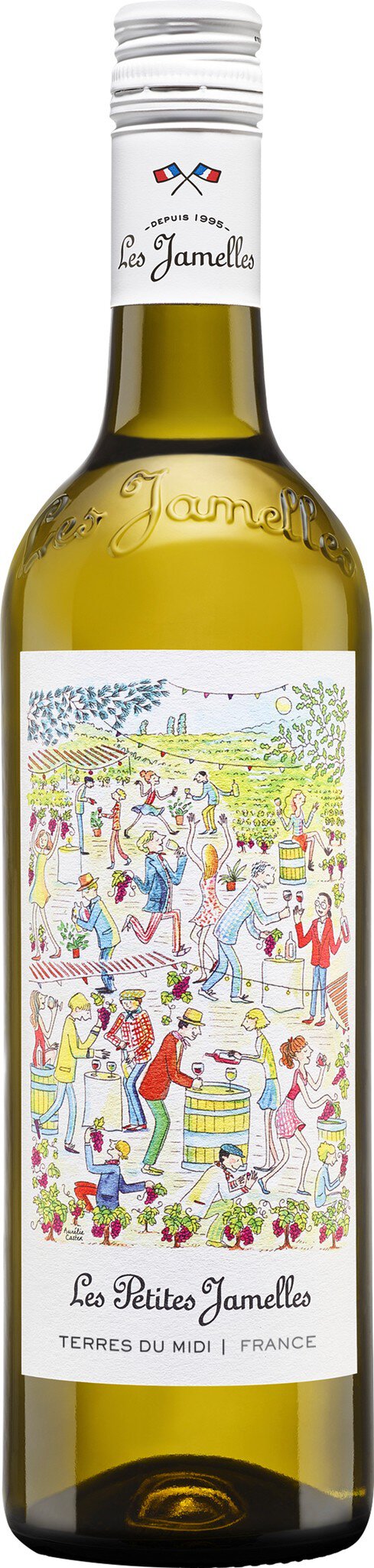 Eine Flasche Weißwein steht aufrecht. Der Flaschenhals ist mit einer Kapsel versehen. Das Etikett zeigt ein buntes, künstlerisches Design mit verschiedenen Farben und Formen, darunter viele kleine Illustrationen.