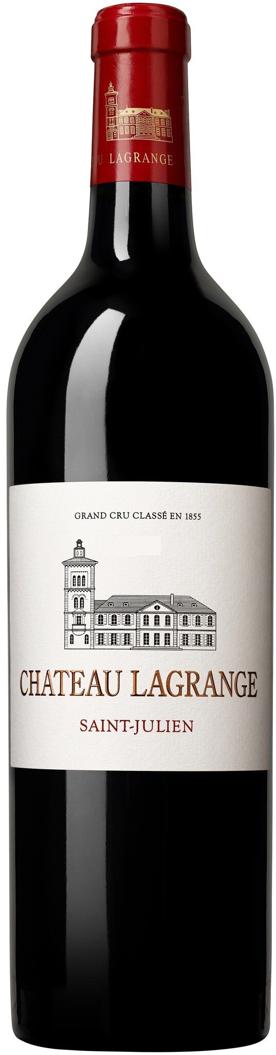 Eine Flasche Rotwein mit einem roten, goldverzierten Kapselverschluss und einem Etikett, das das Bild eines Weinguts sowie den Namen -Château Lagrange, Saint-Julien- zeigt.
