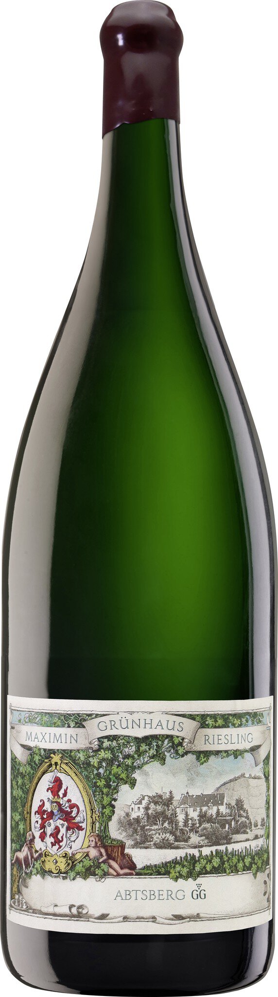 Eine grüne Weinflasche mit einem Etikett zeigt ein Bild und Text. Die Flasche hat einen Korkenverschluss und ist in einer aufrechten Position. Der Hintergrund ist neutral.