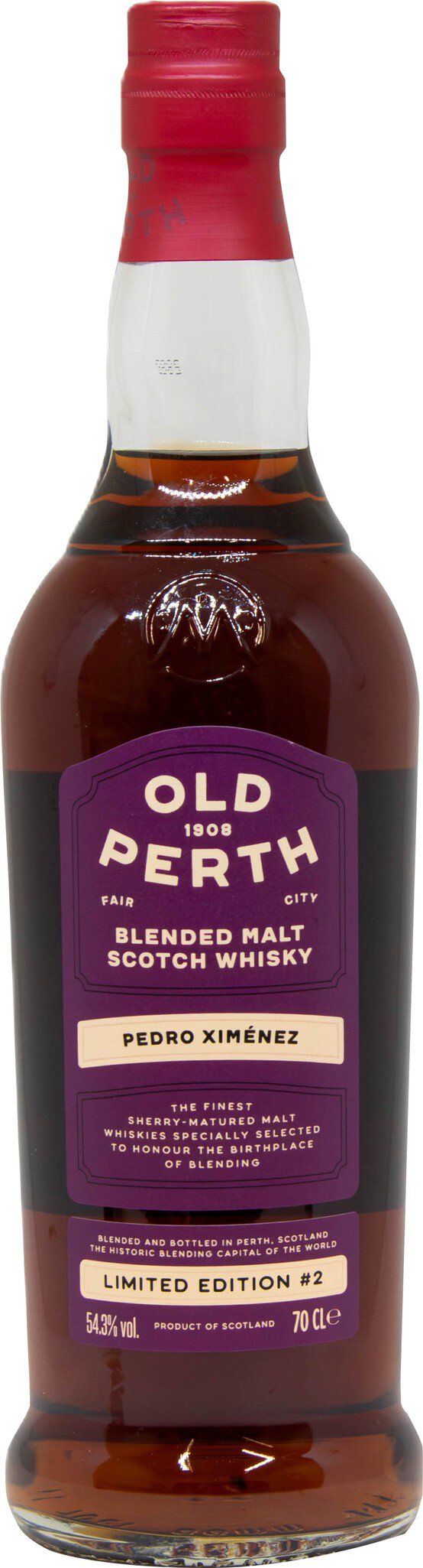 Eine Flasche mit einem rot-weißen Deckel, die eine braune Flüssigkeit enthält. Das Etikett zeigt den Namen -Old Extra- und enthält zusätzliche Informationen über die Spirituose.