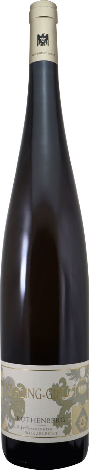Eine dunkle Weinflasche mit schlankem Hals und Korkverschluss steht vor neutralem Hintergrund. Das Etikett zeigt feine Designs und Informationen zum Wein.