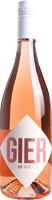 Eine Flasche Roséwein mit einem hellrosa Inhalt. Das Etikett zeigt das Wort -GIER- in großen, glänzenden Buchstaben an einem weißen Hintergrund. Der Verschluss ist weiß.