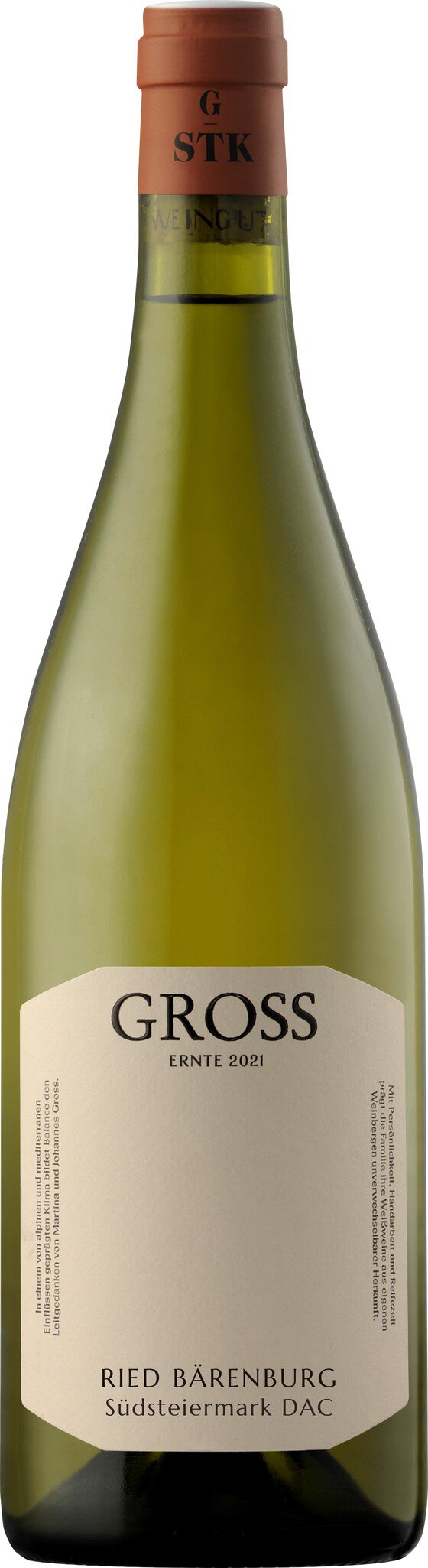 Ein Weinflasche mit grünem Glas und rotem Korken steht auf einem minimalistischen Hintergrund. Das Etikett zeigt den Namen des Weins in schlichtem Design.