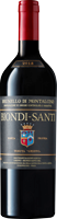 Eine Flasche Rotwein mit rotem Korken und einem eleganten Etikett. Auf dem Etikett stehen die Worte -Brunello di Montalcino-, -BIONDI-SANTI- und das Jahr -2018-. Der Hintergrund ist schwarz mit goldenen Akzenten.