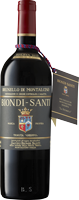 Eine Flasche Rotwein mit einer dunklen, eleganten Etikettierung. Darauf steht -Brunello di Montalcino Riserva 2010- und der Brandname -Biondi-Santi-. Die Flasche trägt eine nummerierte Plakette und ist mit einem doppelten Band dekoriert.