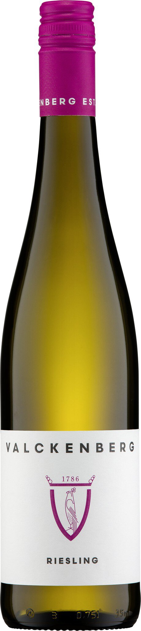 Ein Flasche Wein mit einem weißen Etikett und einer lila Kappe. Das Etikett zeigt ein Wappen oder Symbol. Die Flasche steht auf einem neutralen Hintergrund.