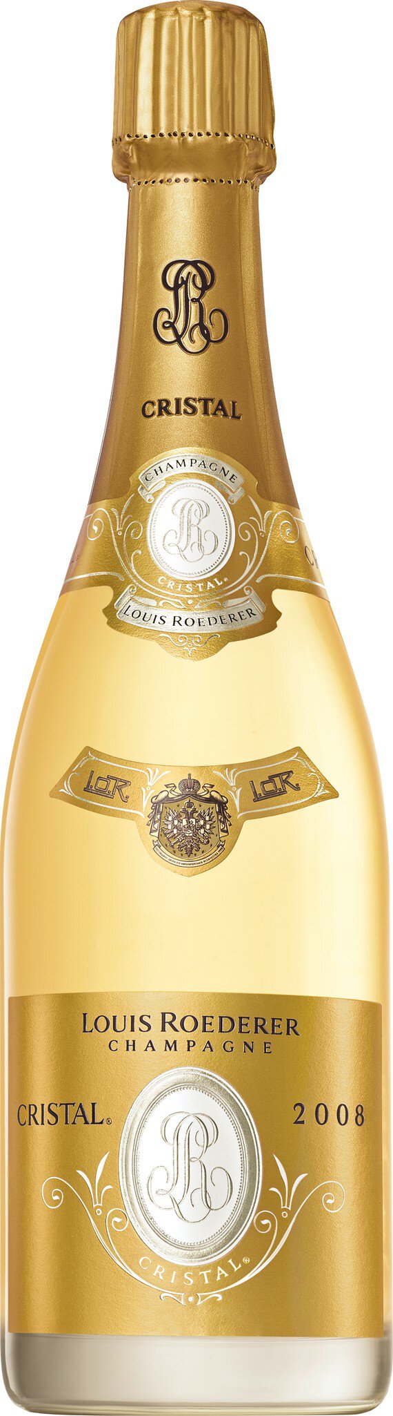 Eine goldene Flasche Sekt steht aufrecht. Die Flasche hat ein elegantes Design mit einem weißen Etikett und goldenen Details. Der Hintergrund ist neutral.