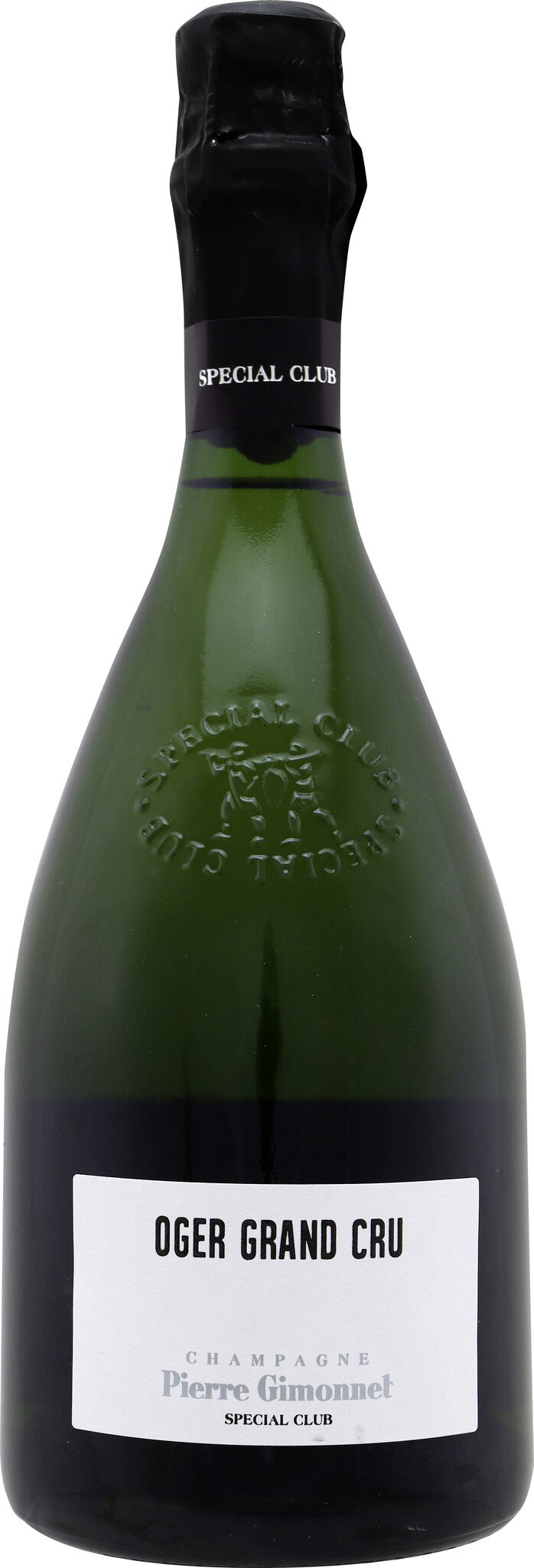 Eine grüne Champagnerflasche mit schwarzem Korken und einem label in Weiß, auf dem möglicherweise die Marke oder der Inhalt steht. Der Hintergrund ist neutral.