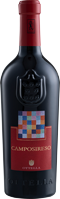 Eine Weinflasche mit dunkelrotem Etikett und schwarzem Deckel steht auf einem neutralen Hintergrund. Die Flasche hat eine klassische Form mit einem langen Hals und einem Korken.