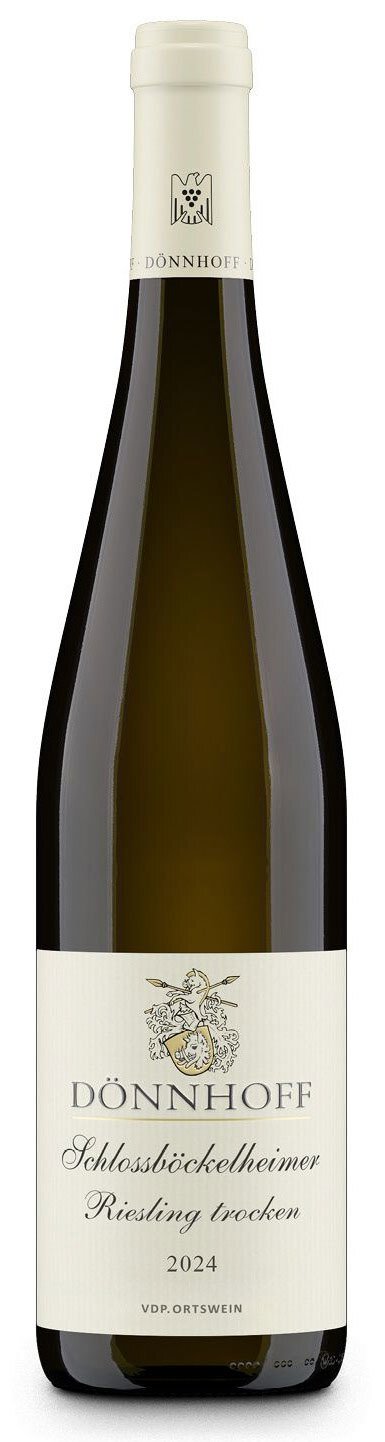 Eine Flasche Weißwein steht aufrecht. Der Wein hat eine grüne Flasche und ein elegantes, helles Etikett mit Schriftzügen. Der Hintergrund ist einfarbig und unscharf.