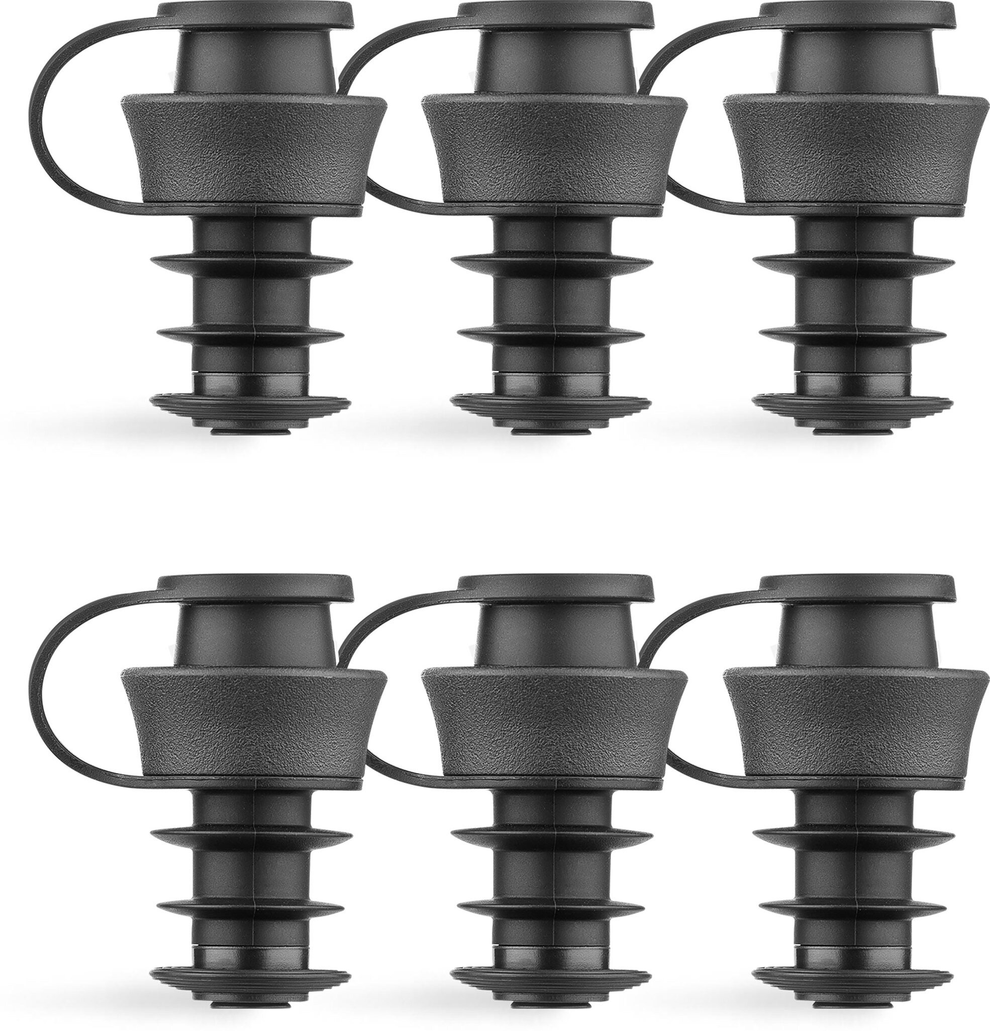 Sechs schwarze Stopfen sind in zwei Reihen angeordnet. Jeder Stopfen hat eine Schlaufe und einen gewellten Body, der zur sicheren Abdichtung dient. Sie scheinen für einen speziellen Einsatz konzipiert zu sein.