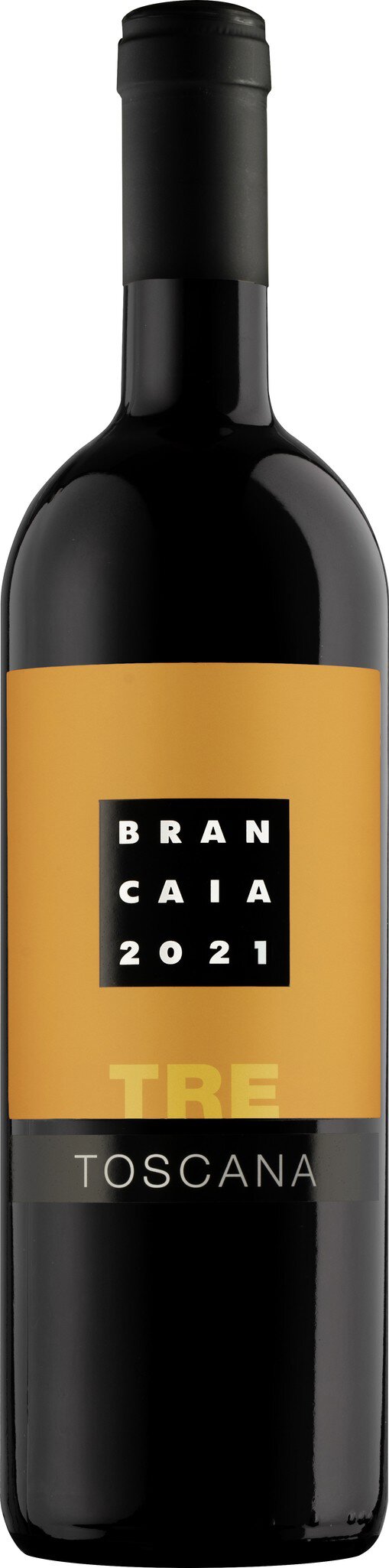 Eine schwarze Weinflasche mit einem auffallenden, goldenen Etikett, das ein quadratisches Muster zeigt. Die Flasche steht auf einem neutralen Hintergrund.