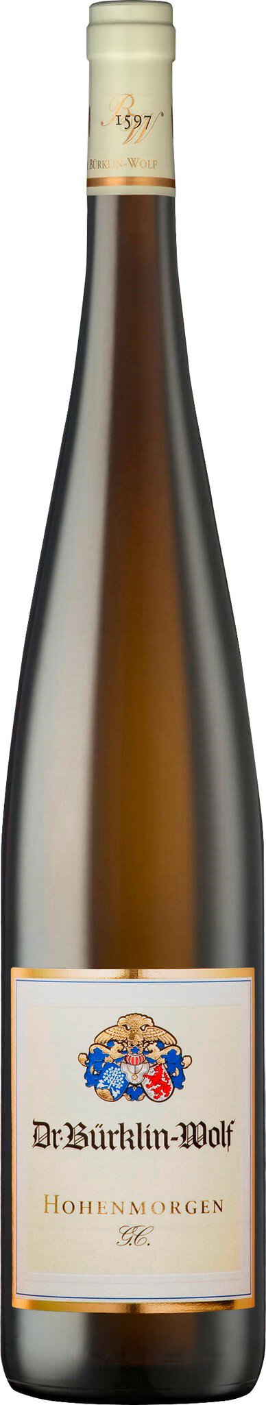Eine schmale Flasche mit hellgoldenem Wein, der in der Flasche sichtbar ist. Das Etikett zeigt den Namen des Weins sowie ein Logo, das oben positioniert ist.