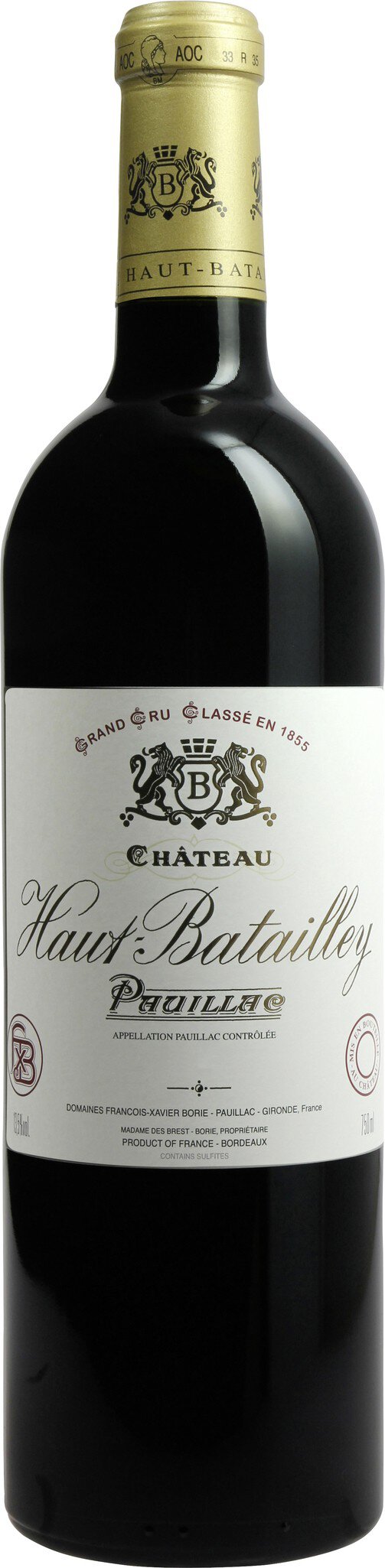 Eine Weinflasche mit einem goldenen Verschluss. Das Etikett zeigt den Namen des Weins und zusätzliche Informationen, möglicherweise die Jahrgangsbezeichnung und den Produzenten, auf einem hellen Hintergrund.