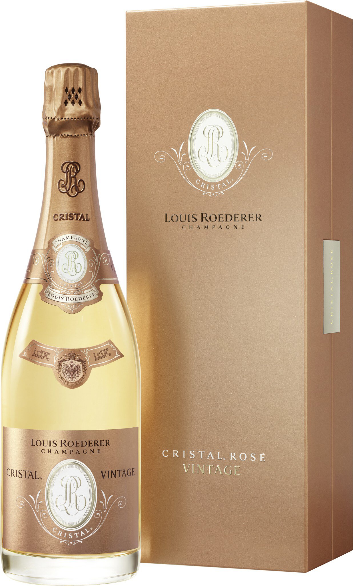 Eine goldene Champagnerflasche steht in einer eleganten Verpackung. Der Korken ist verschlossen, und die Etiketten sind dekorativ gestaltet. Der Hintergrund ist neutral und hebt das Produkt hervor.