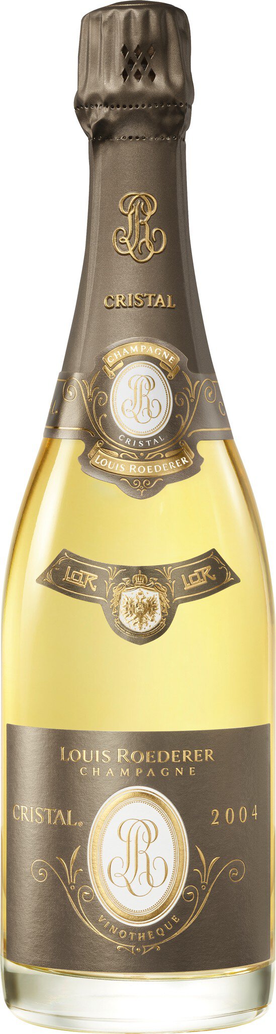 Eine Flasche Champagner steht neben einer eleganten Verpackung. Die Flasche hat eine goldene Farbe und ist mit einem Etikett verziert, das den Markennamen zeigt.