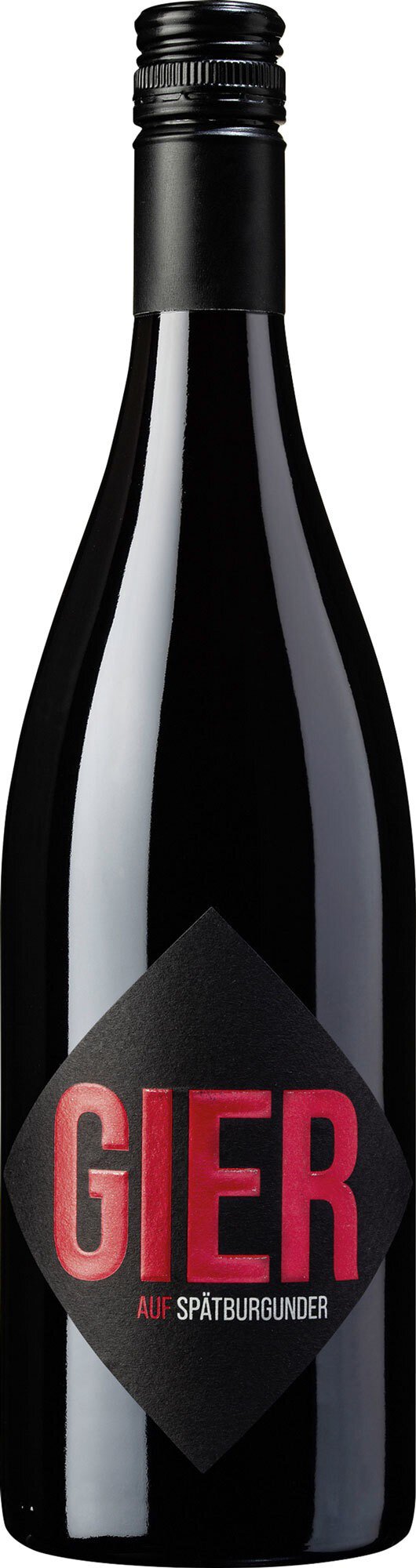Eine schwarze Weinflasche mit einem glänzenden, schwarzen Schraubverschluss. Auf dem Etikett steht in großen roten Buchstaben -GIER- und darunter -AUF SPÄTBURGUNDER-.