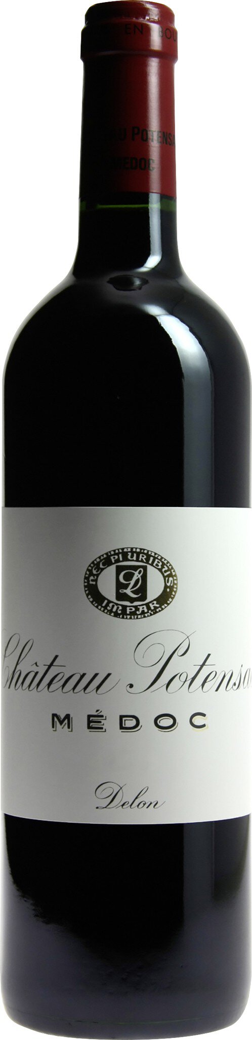 Eine Weinflasche mit dunklem Glas und einem roten Korken. Das Etikett ist hell mit Text und einem Logo, das Informationen über den Wein enthält.