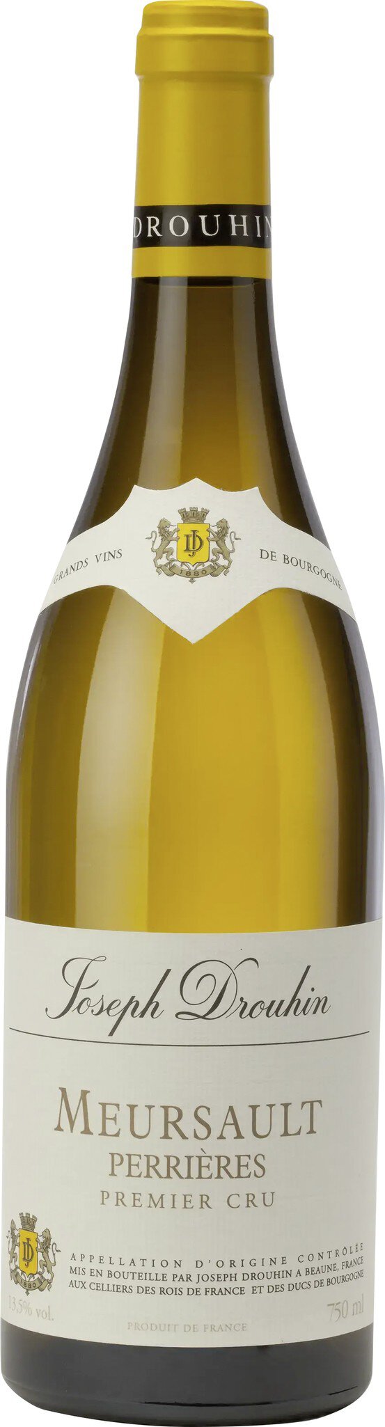 Eine Flasche Weißwein mit einem schlanken, langen Glasbehälter. Der Korpus ist hellgrünlich-gelb, während der Verschluss eine goldene Kappe hat. Ein Etikett ist mittig angebracht, mit Informationen zum Wein.