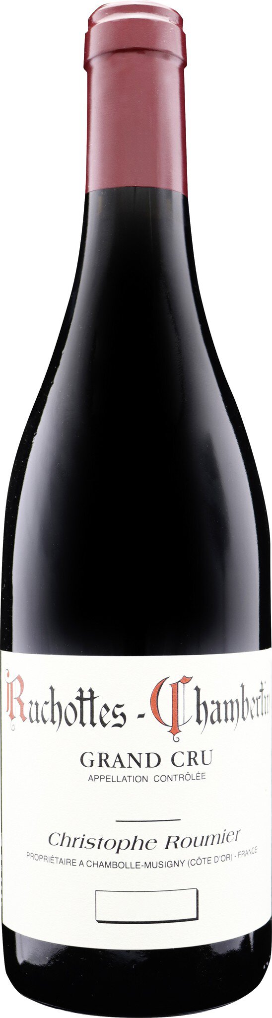 Rotweinflasche mit einem schlichten, eleganten Etikett. Der Flaschenhals ist pinkfarben, und das Etikett gibt Informationen über den Wein, inklusive Typ und Herkunft.