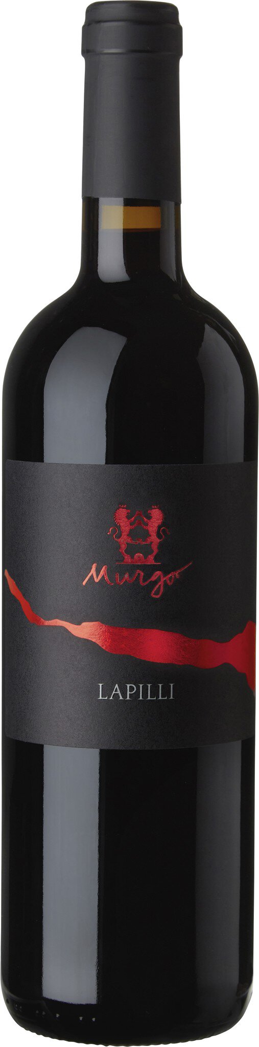 Eine elegante, schlanke Flasche Rotwein mit schwarzer und roter Etikettierung steht vor neutralem Hintergrund, die Etikettgestaltung hebt den Premium-Charakter des Weins hervor.