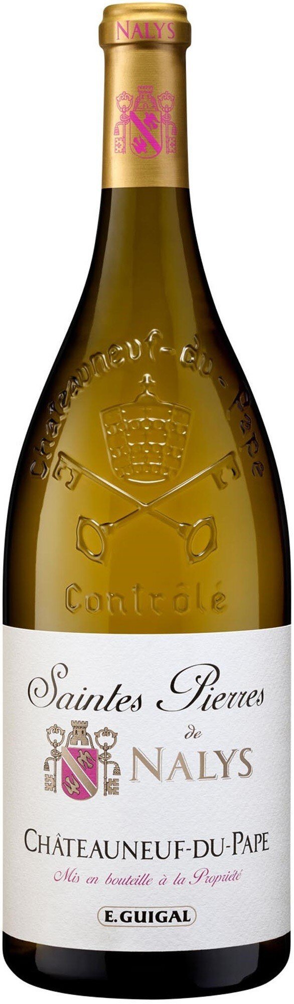 Eine Weinflasche mit einem hellen, gelben Etikett, auf dem -Chardonnay- steht. Die Flasche ist verschlossen und hat einen Korken. Der Hintergrund ist neutral.